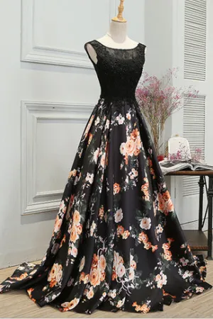 Stylish A Line Long Floral Printed Prom Dresses,Formal Evening Dress OK831