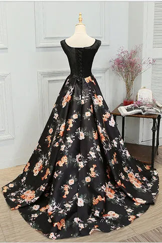 Stylish A Line Long Floral Printed Prom Dresses,Formal Evening Dress OK831