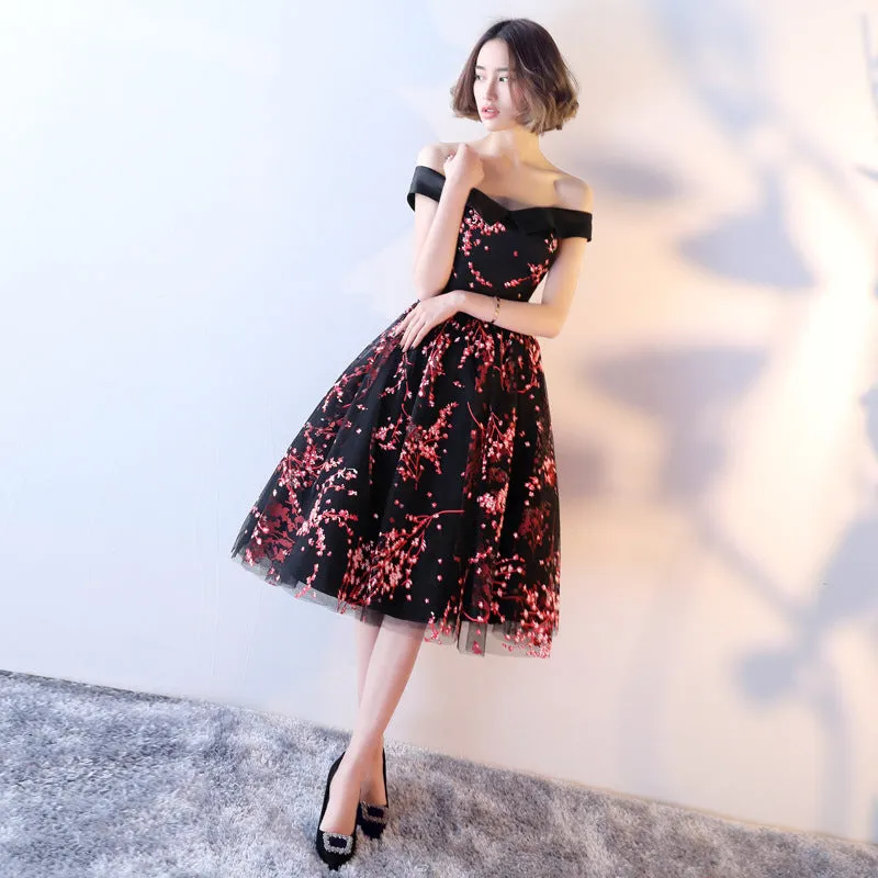 Stylish Black Off Shoulder Party Dress, Beautiful Floral Prom Dress