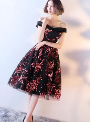 Stylish Black Off Shoulder Party Dress, Beautiful Floral Prom Dress