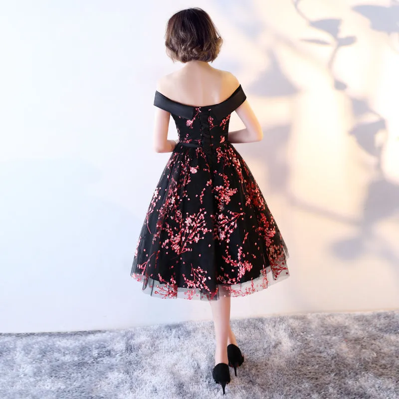 Stylish Black Off Shoulder Party Dress, Beautiful Floral Prom Dress