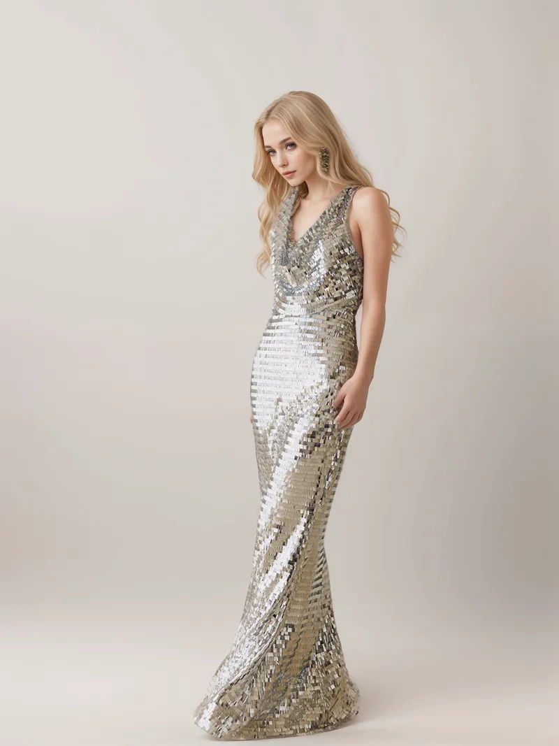 Stylish Draping Neck Keyhole Back Sequin Cocktail Dress