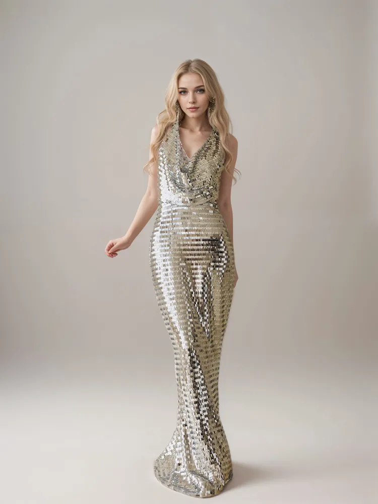 Stylish Draping Neck Keyhole Back Sequin Cocktail Dress