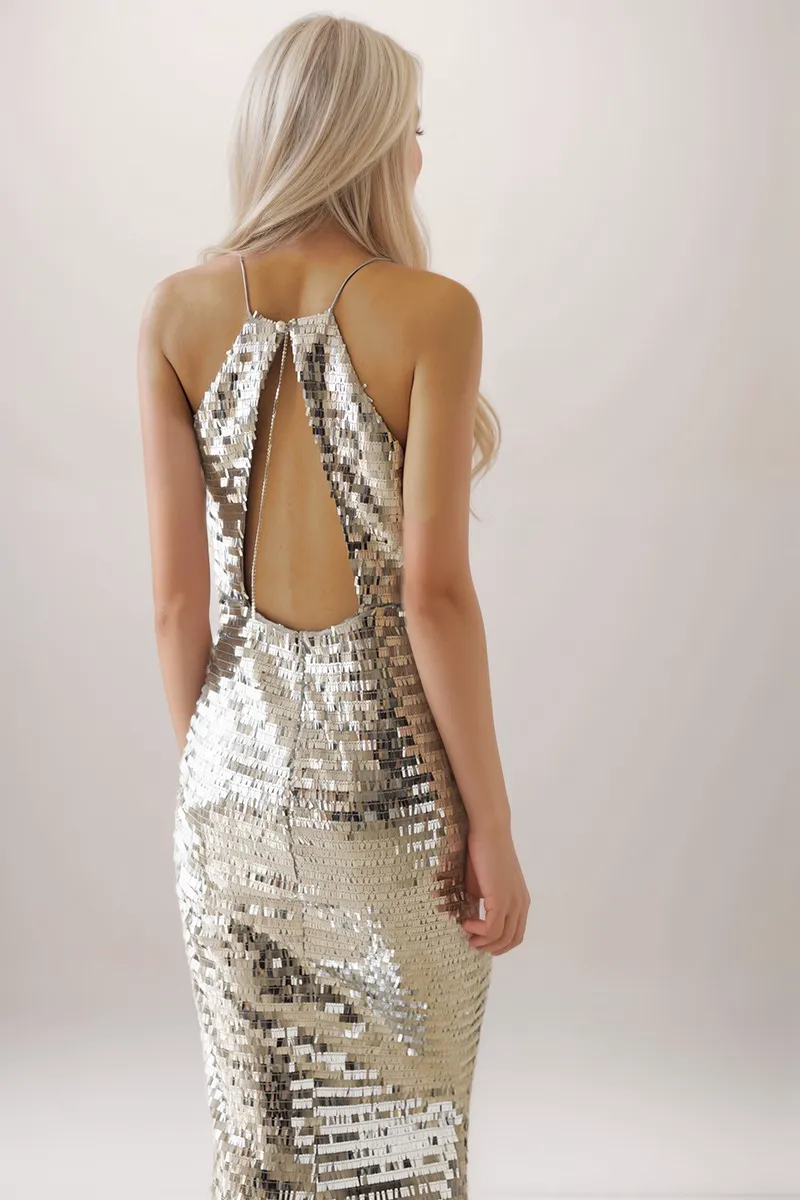 Stylish Draping Neck Keyhole Back Sequin Cocktail Dress