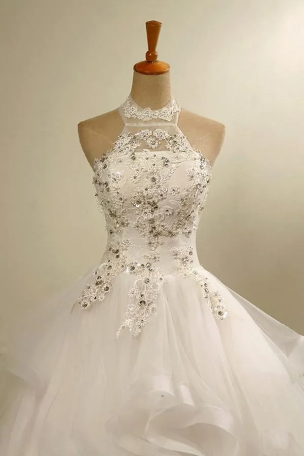 Stylish Halter Floor-Length Organza Wedding Dress With Appliques Beading  TN0080