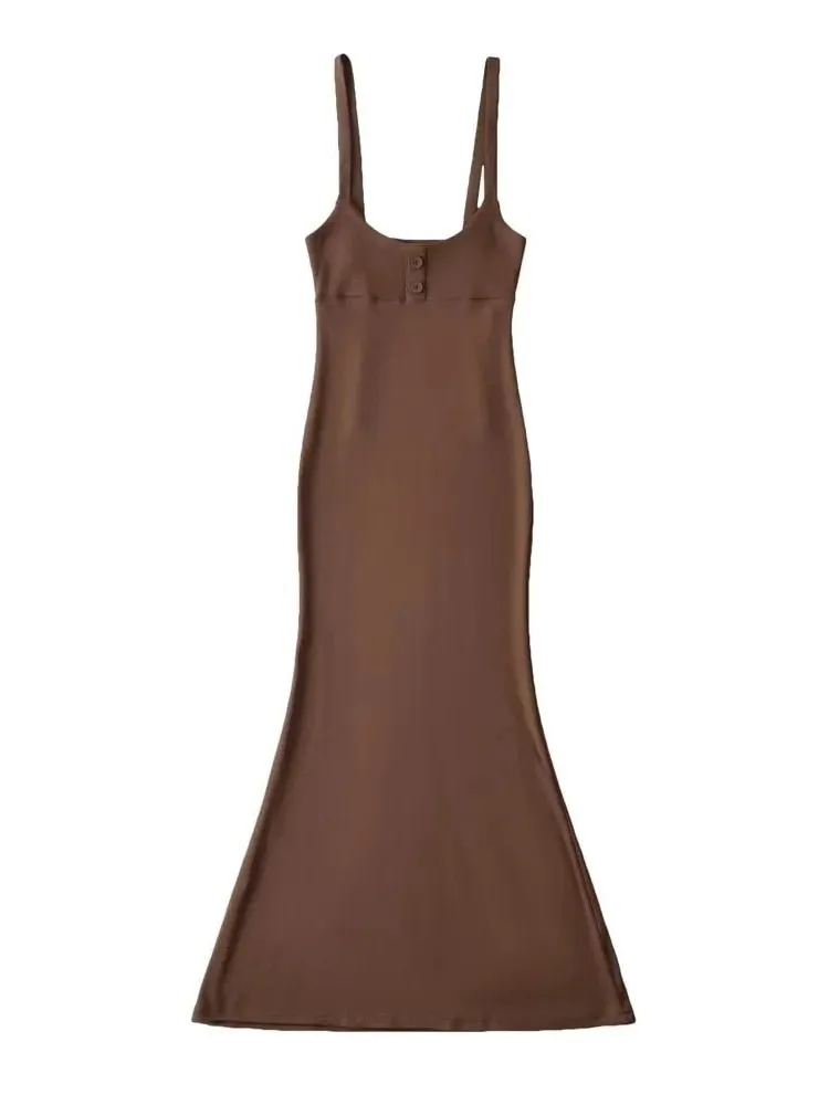 Stylish Maxi Dress with Fishtail Hem High Waist Long Sleeve T-shirt Hip Fishtail Strap