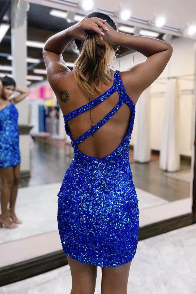 Stylish One Shoulder Sparkly Sleeveless Mini Short Homecoming Dress HD0202