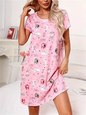 Stylish Printed Women's Crew Neck Nightwear Dresses