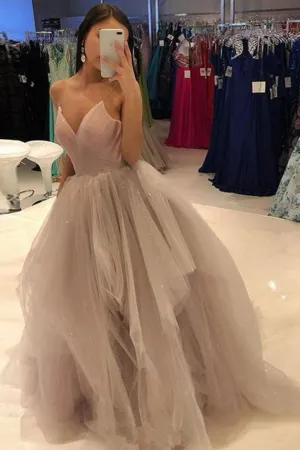 Stylish Spaghetti Straps V Neck Tulle Long Puffy Prom Gowns Formal Evening Dress OK1038