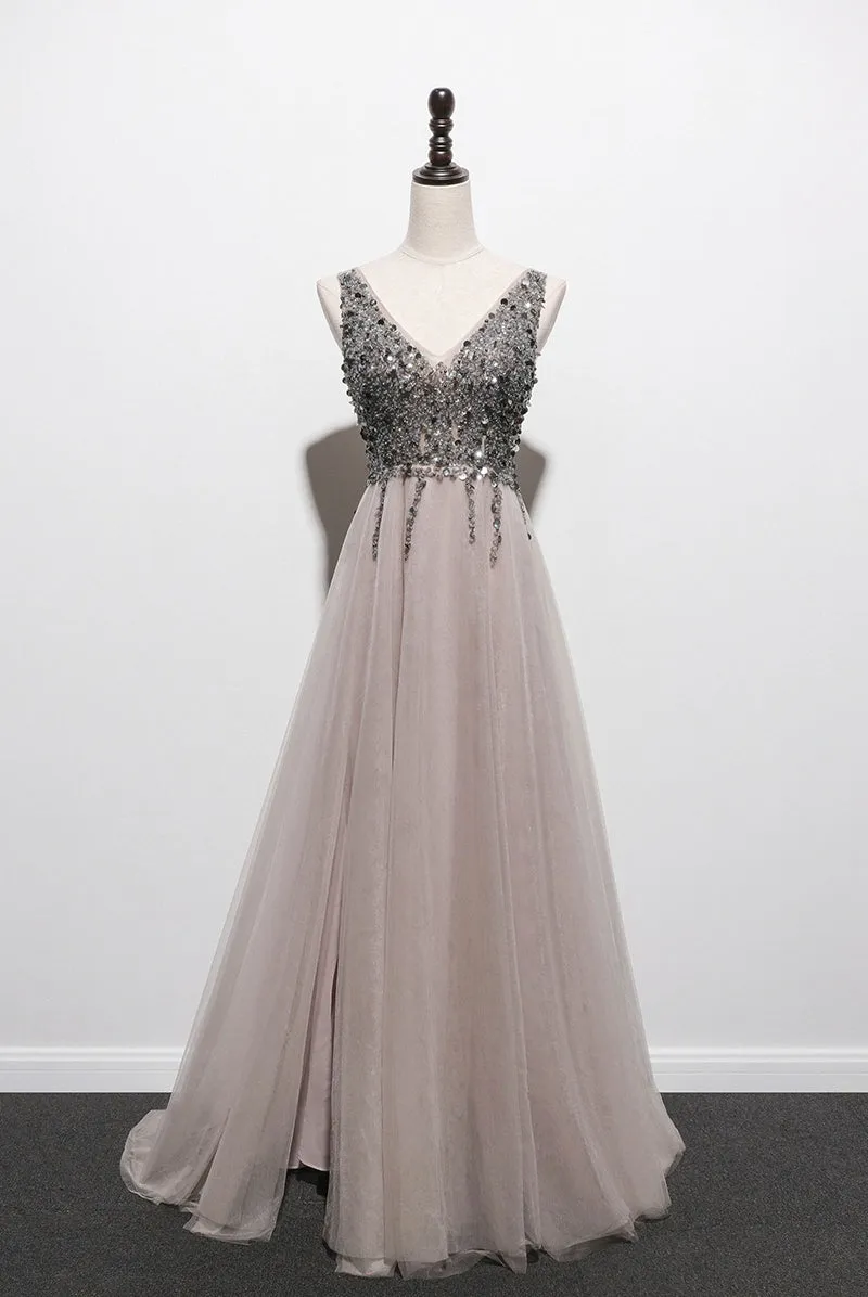 Stylish Tulle Slit V-neckline Beaded Long Party Dress, Tulle Prom Dress