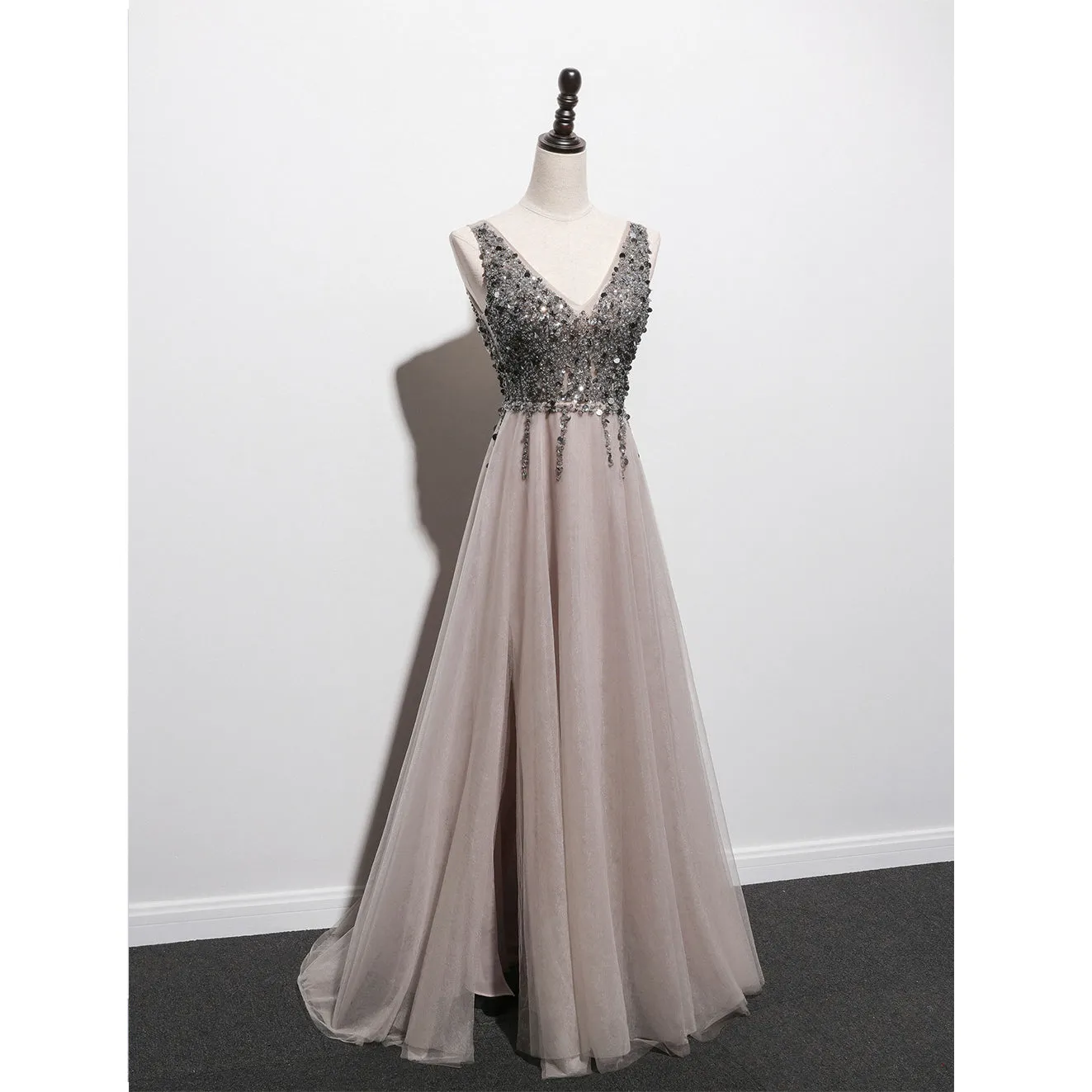 Stylish Tulle Slit V-neckline Beaded Long Party Dress, Tulle Prom Dress