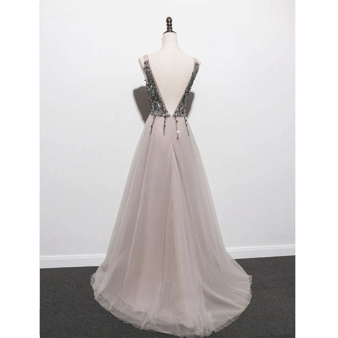 Stylish Tulle Slit V-neckline Beaded Long Party Dress, Tulle Prom Dress