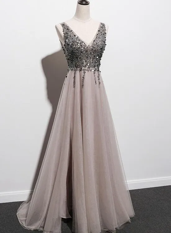 Stylish Tulle Slit V-neckline Beaded Long Party Dress, Tulle Prom Dress