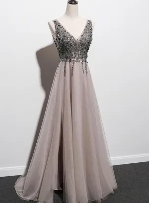 Stylish Tulle Slit V-neckline Beaded Long Party Dress, Tulle Prom Dress