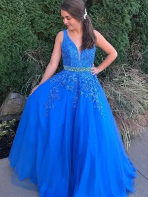 Stylish V Neck Backless Blue Lace Long Prom 2020 with Belt, Backless Blue Lace Formal, Blue Lace Evening