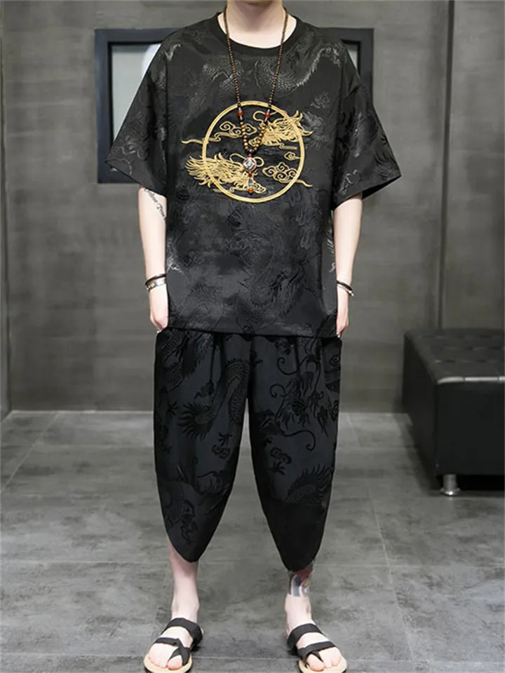Summer Linen Short Sleeve Printed Fashion Retro Male Outfits