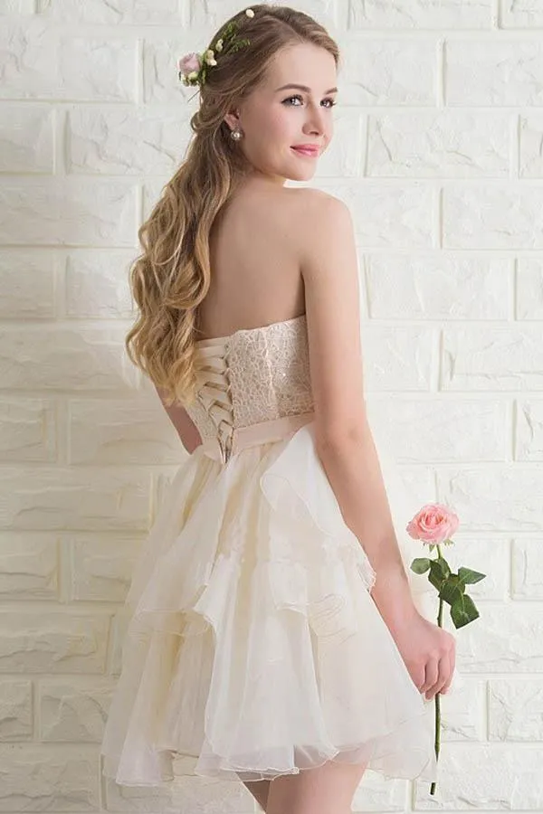 Sweetheart Tulle Lace Champagne Homecoming Dresses Short Prom Dresses PG173