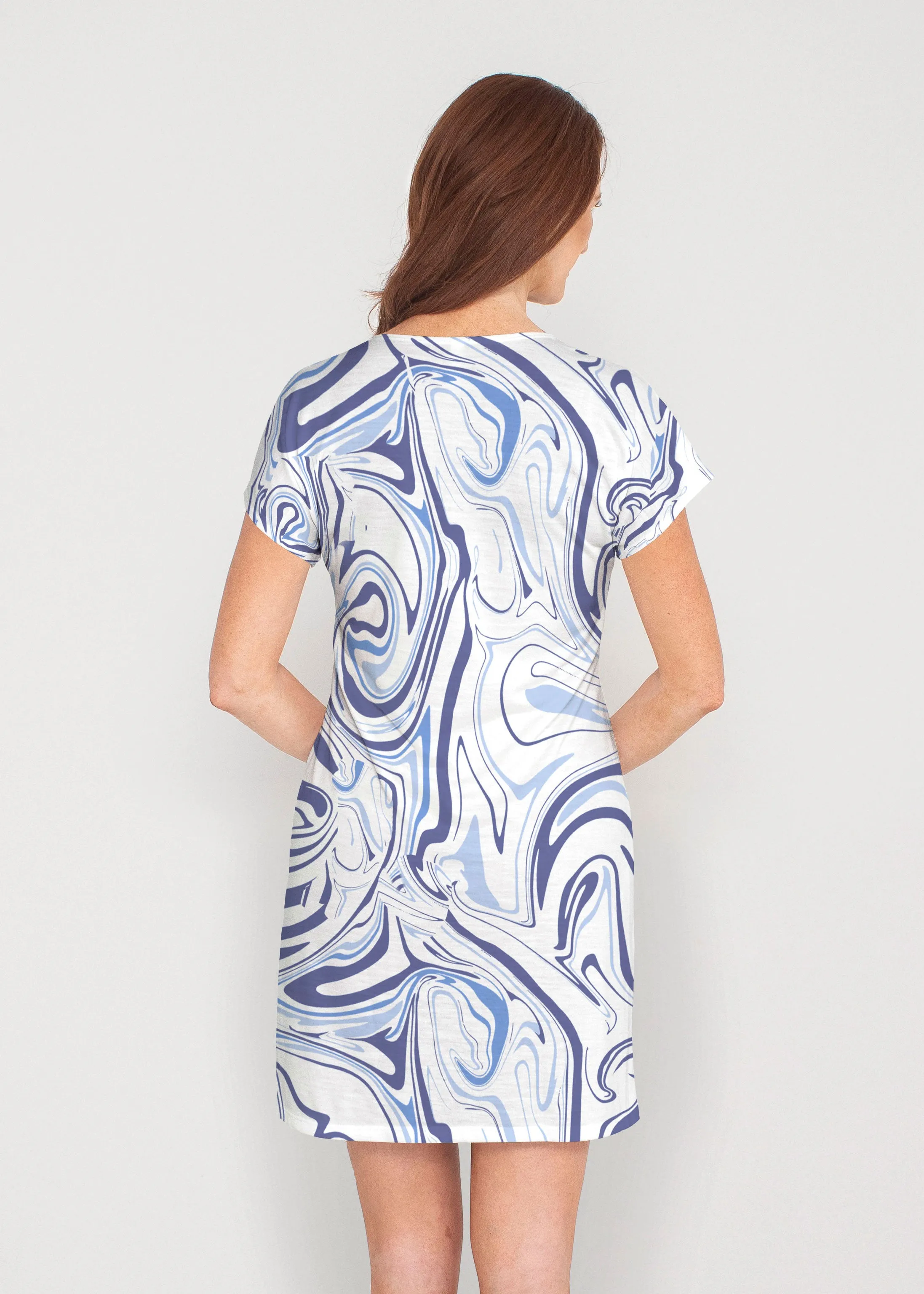 Swirly Blue (8076) ~ French Terry Short Sleeve Crew Dress