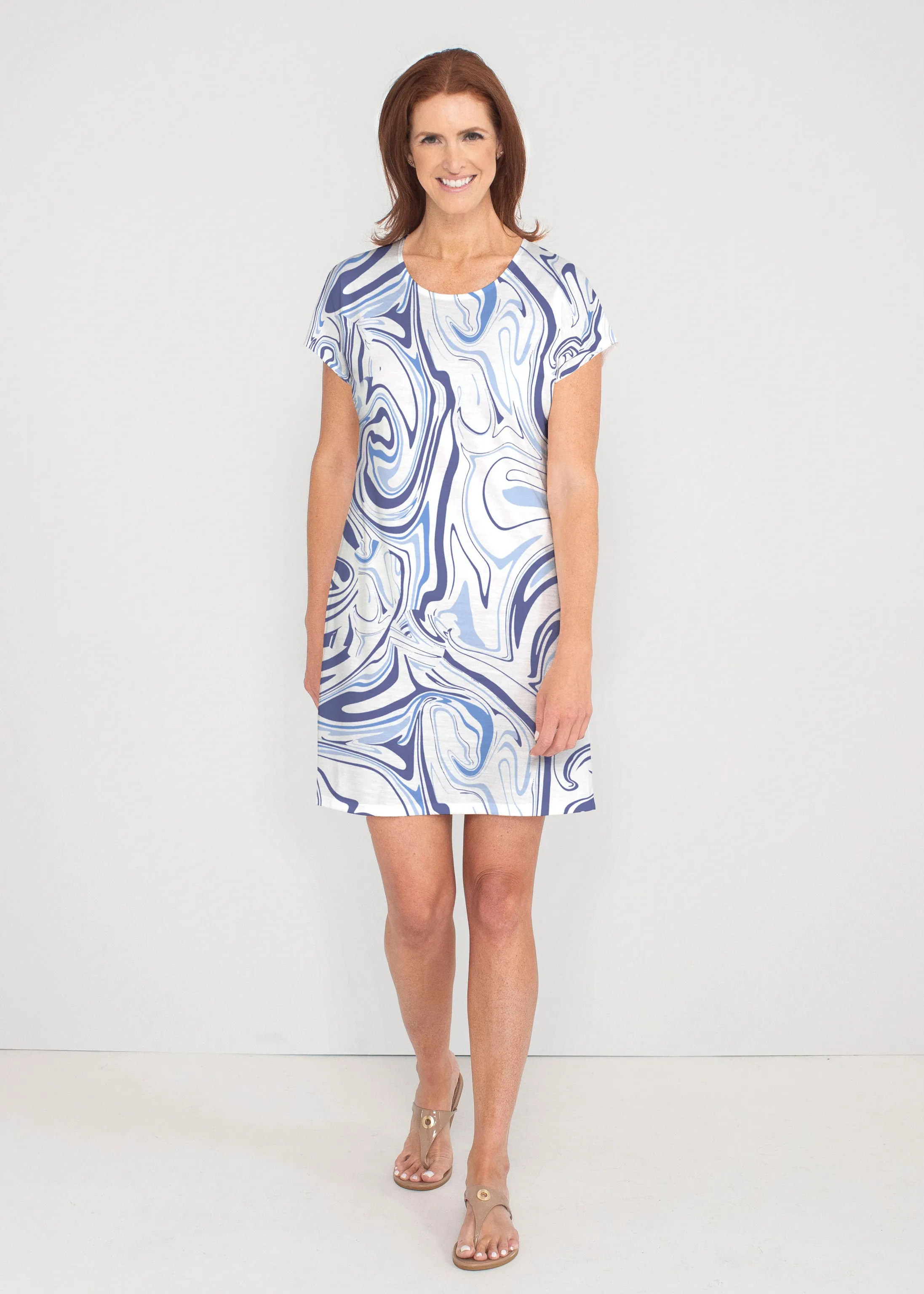 Swirly Blue (8076) ~ French Terry Short Sleeve Crew Dress