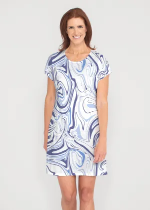 Swirly Blue (8076) ~ French Terry Short Sleeve Crew Dress