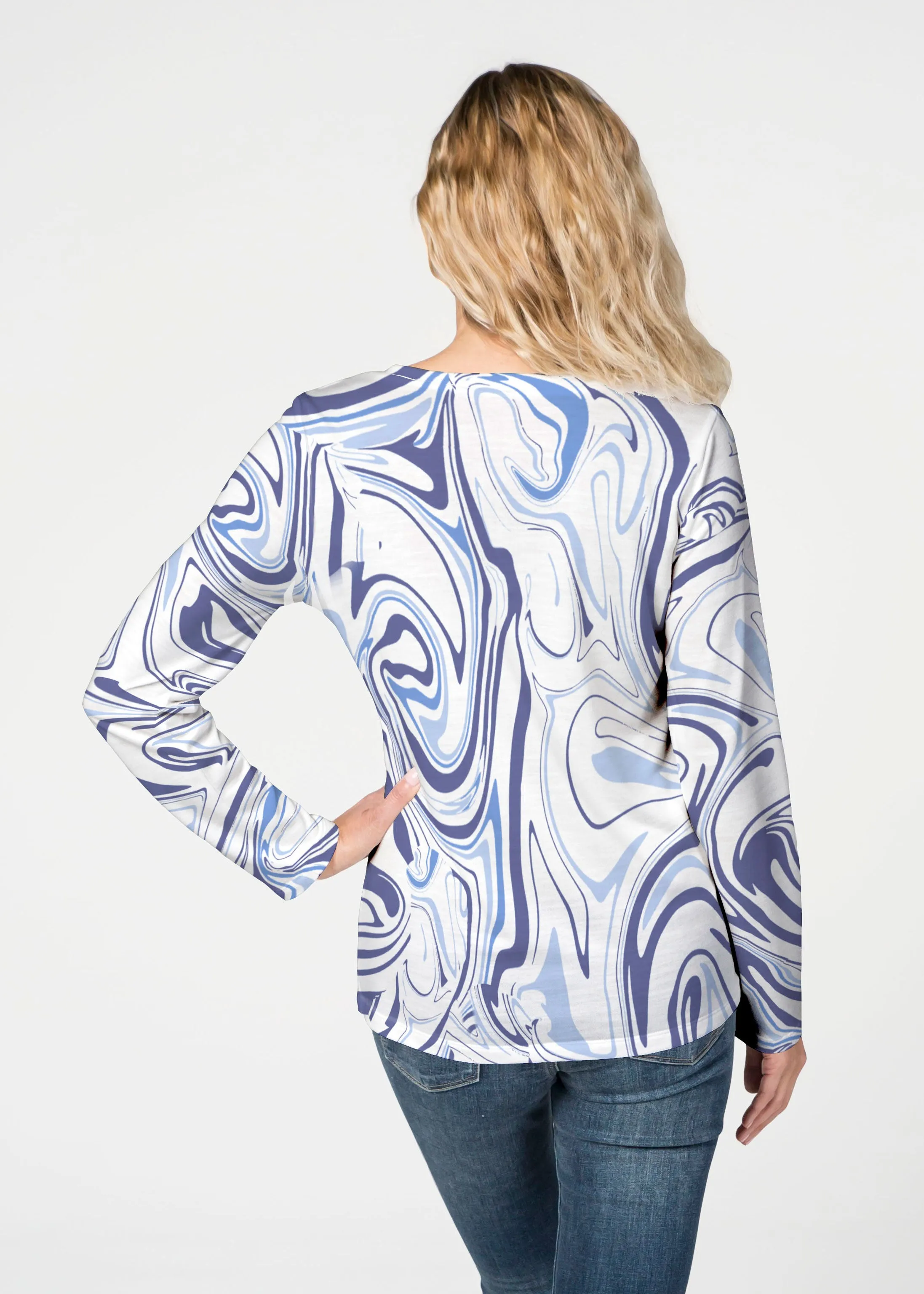 Swirly Blue (8076) ~ French Terry V-neck Top