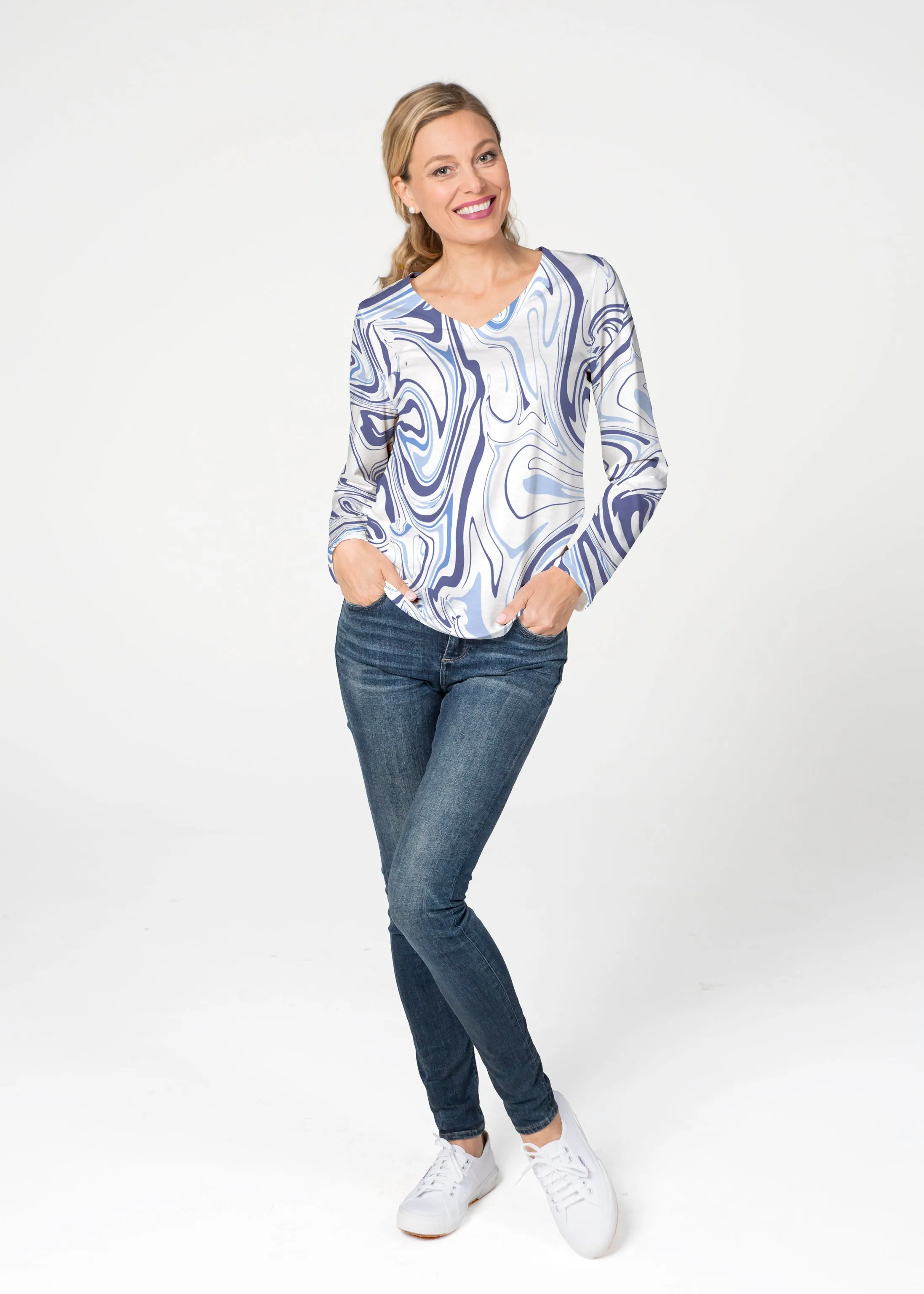 Swirly Blue (8076) ~ French Terry V-neck Top