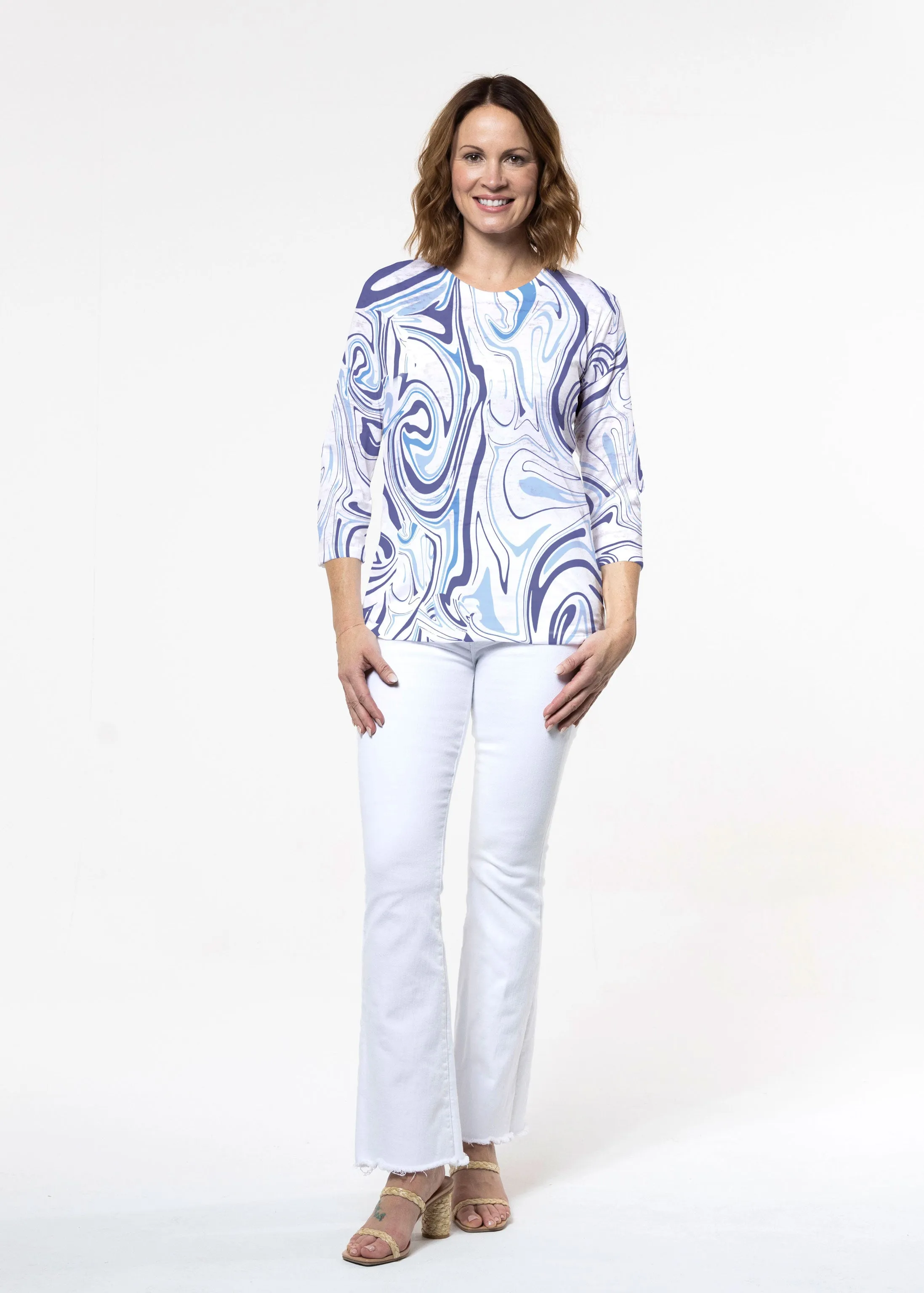 Swirly Blue (8076) ~ Signature 3/4 Sleeve Crew Neck Top