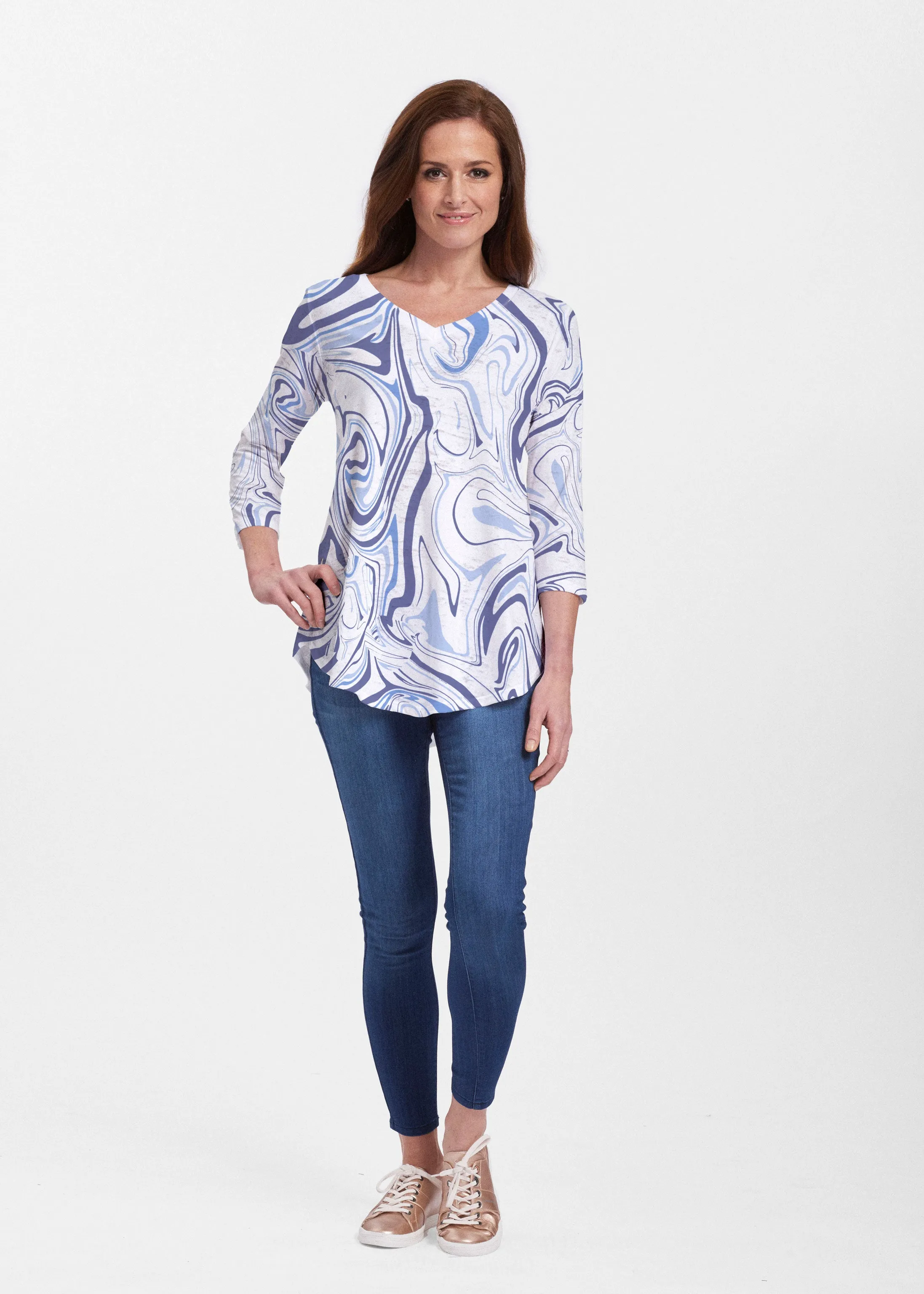 Swirly Blue (8076) ~ V-neck Flowy Tunic
