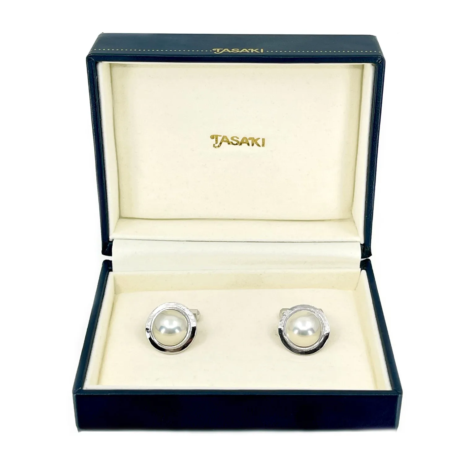 Tasaki Designer Japanese Cultured Mabe Pearl Round Mid Century Cufflinks- Sterling Silver