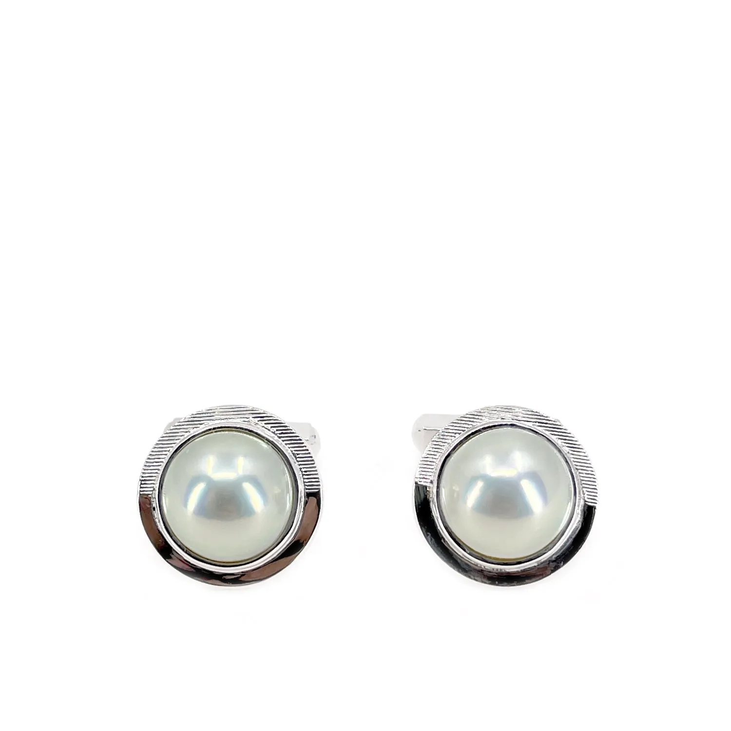 Tasaki Designer Japanese Cultured Mabe Pearl Round Mid Century Cufflinks- Sterling Silver