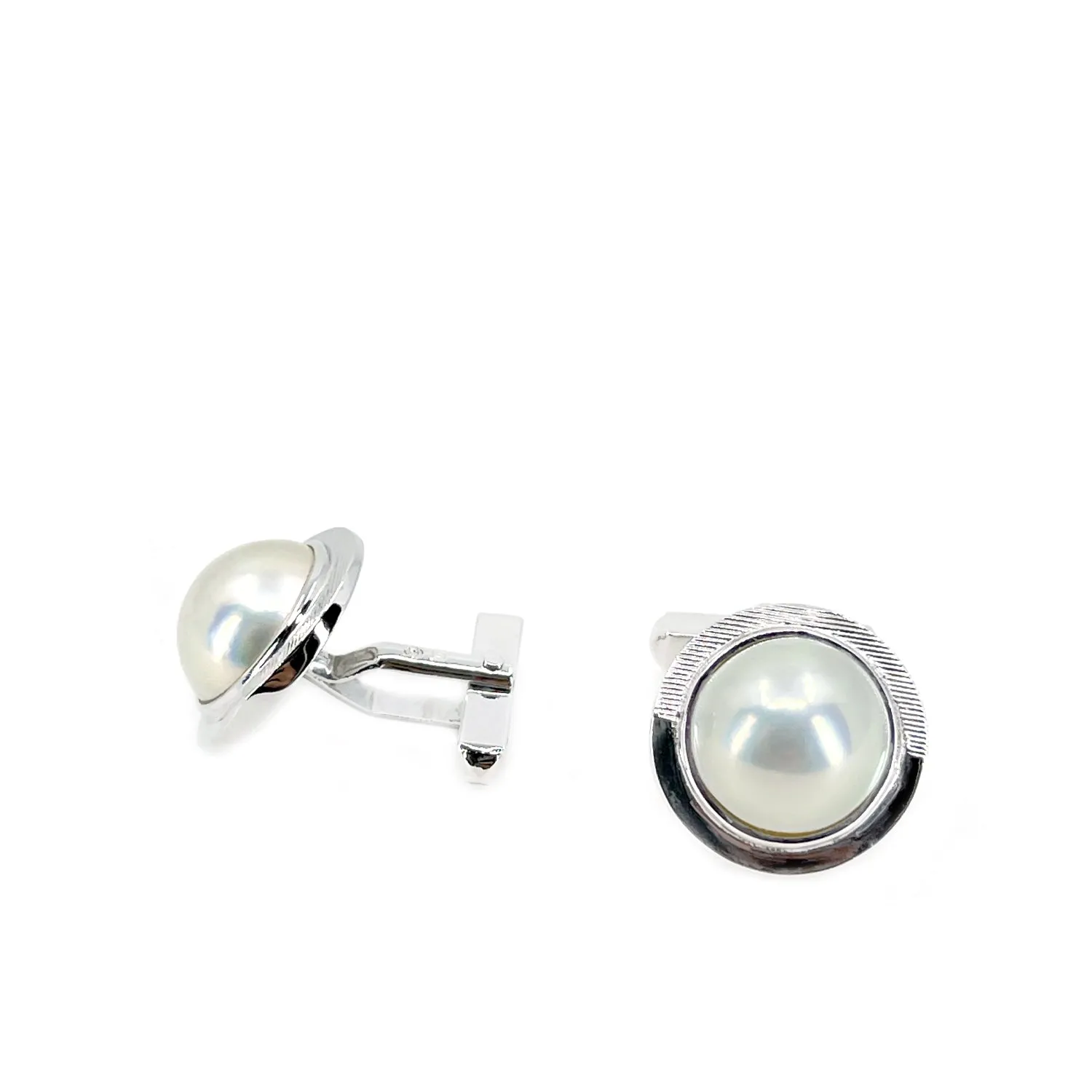 Tasaki Designer Japanese Cultured Mabe Pearl Round Mid Century Cufflinks- Sterling Silver