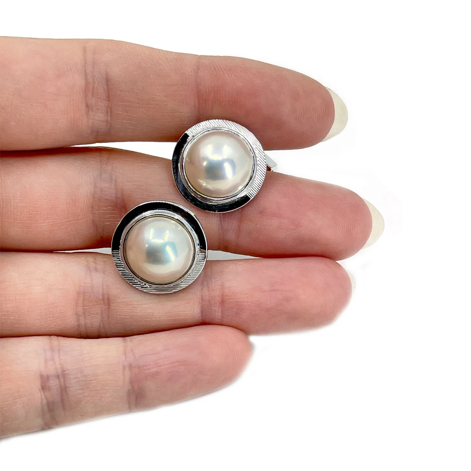 Tasaki Designer Japanese Cultured Mabe Pearl Round Mid Century Cufflinks- Sterling Silver