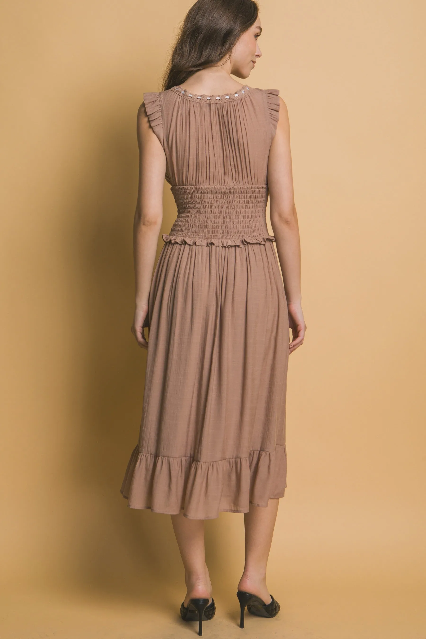 Taupe Ribbon Trim Midi Dress 2/28/25 9656