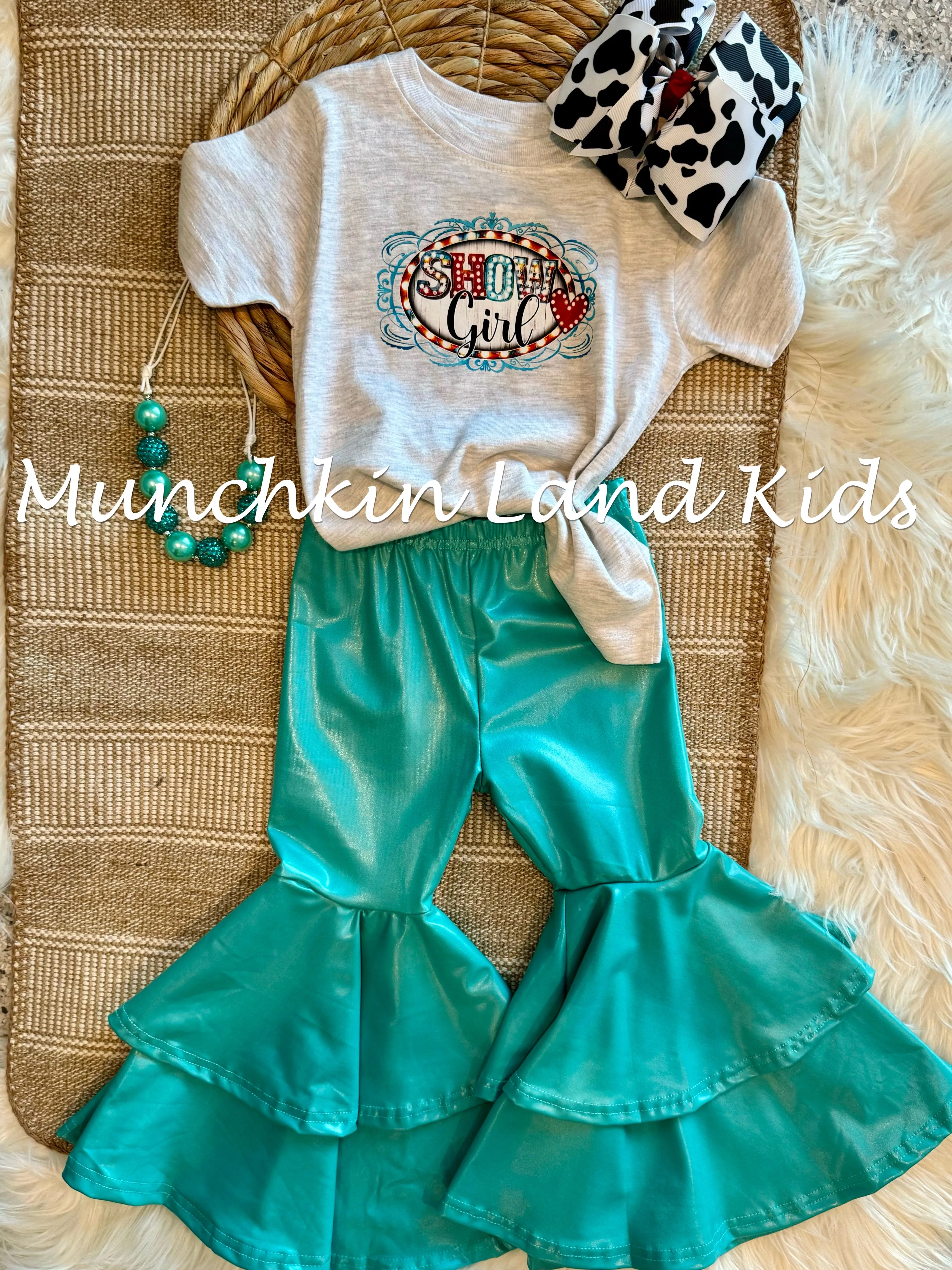Teal Faux Leather Double Layer Bell Bottoms