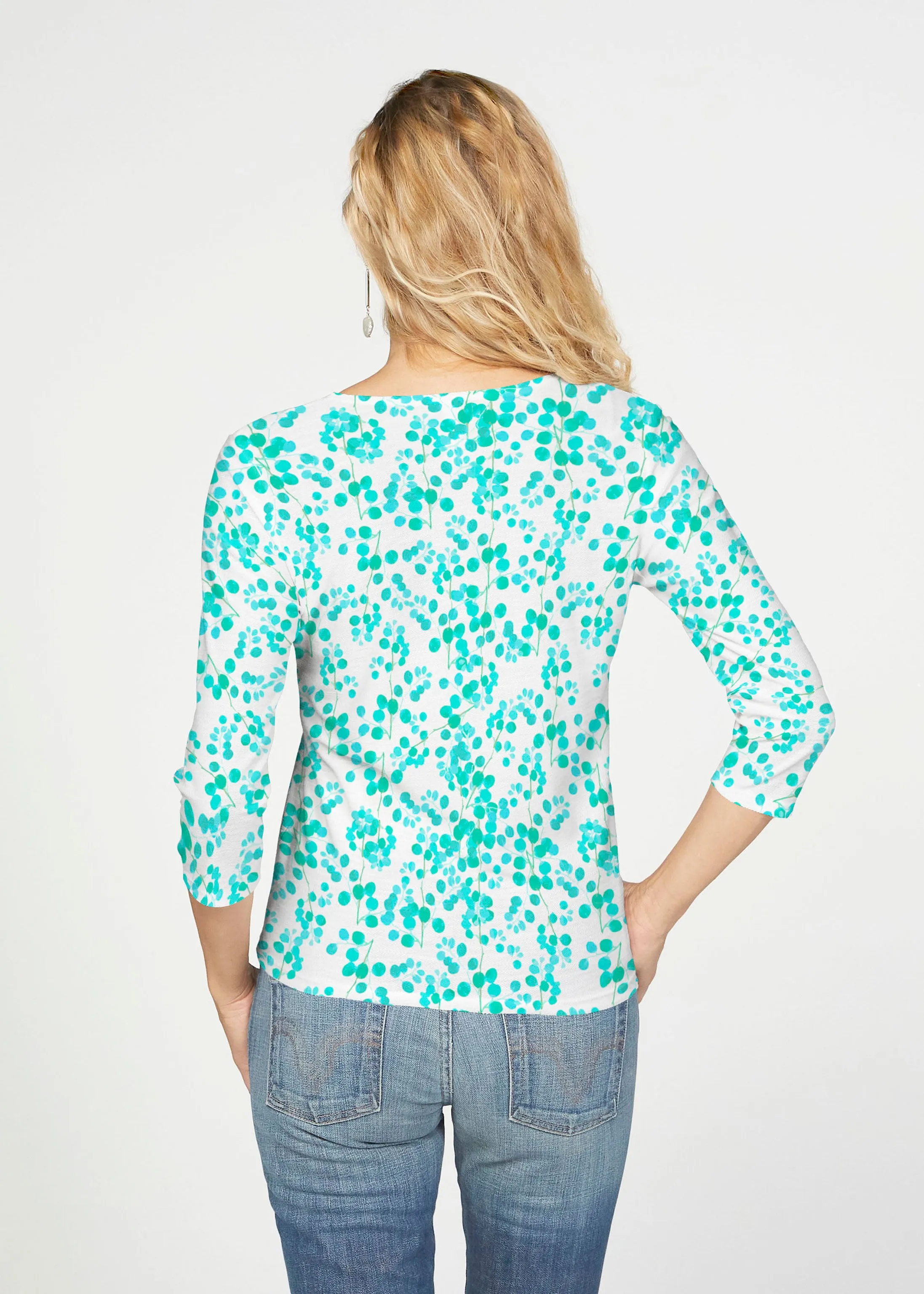 Teal Pome (7863) ~ French Terry Tie 3/4 Sleeve Top