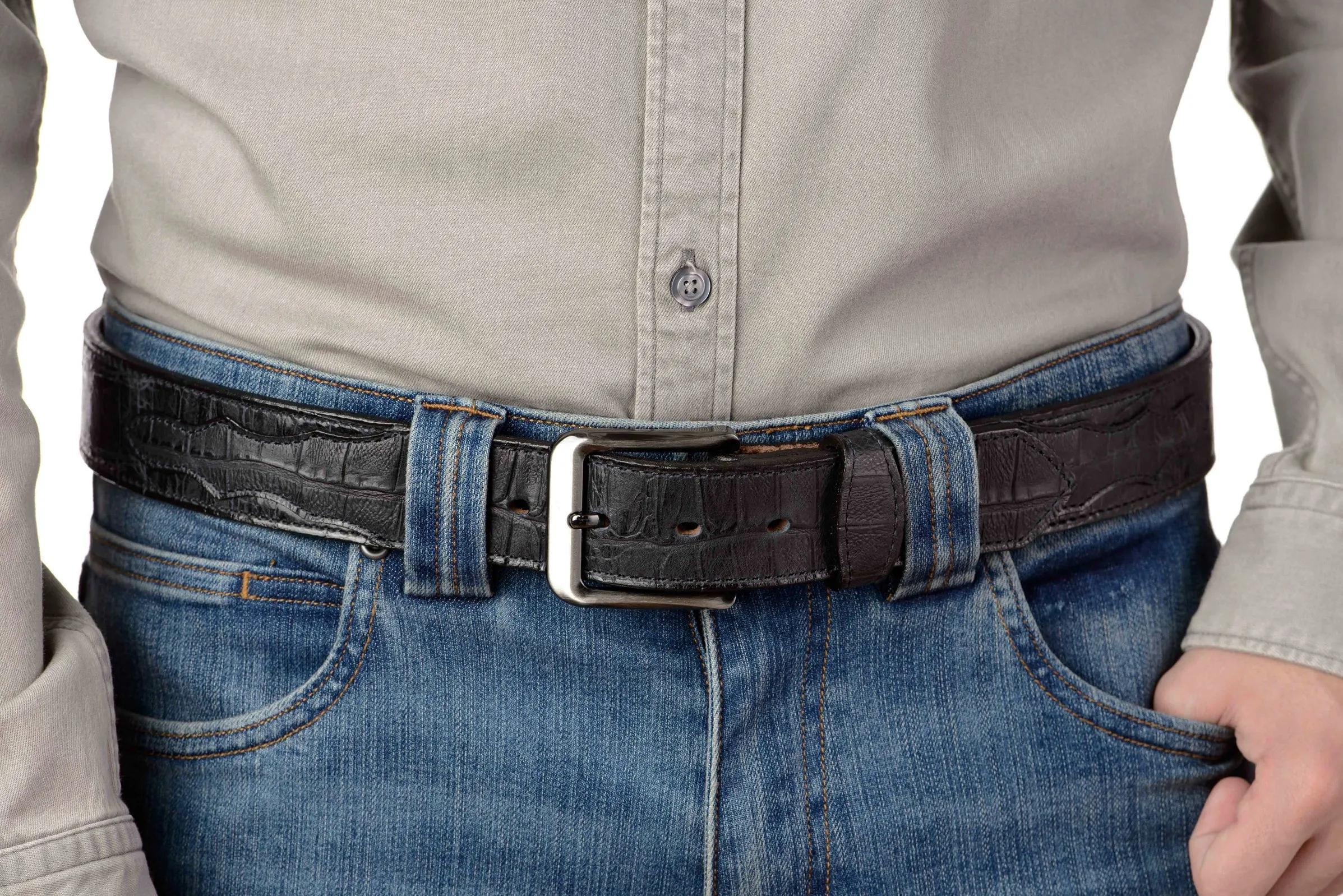 The Chomper: Men's Black Stitched Alligator Design Leather Belt 1.50"