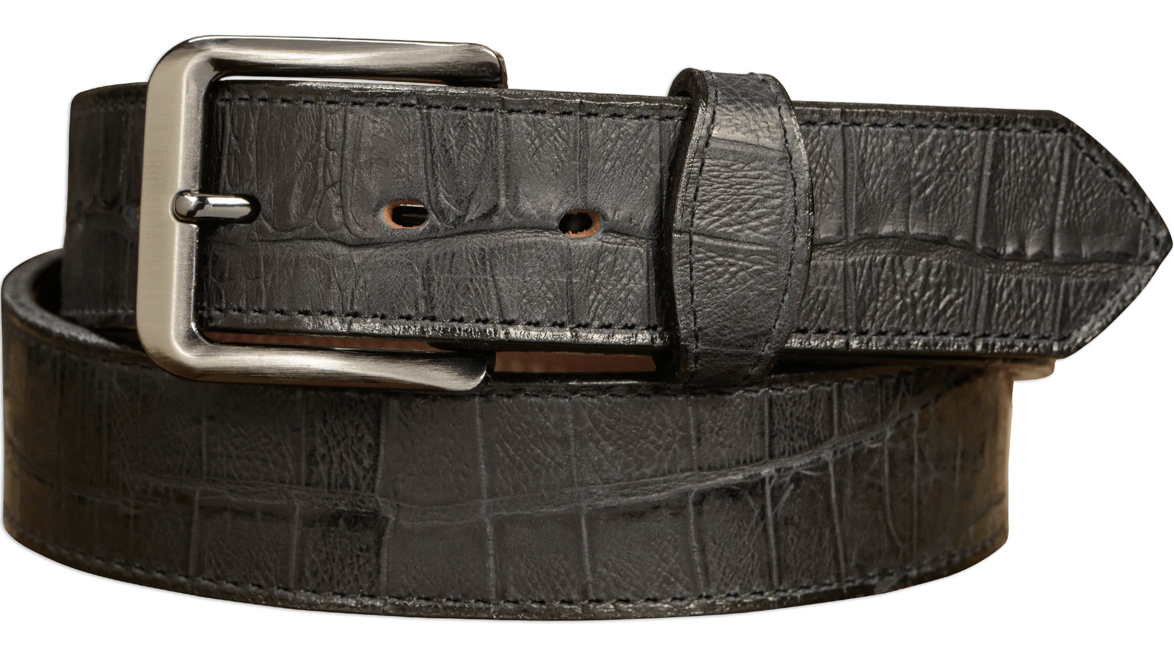 The Chomper: Men's Black Stitched Alligator Design Leather Belt 1.50"