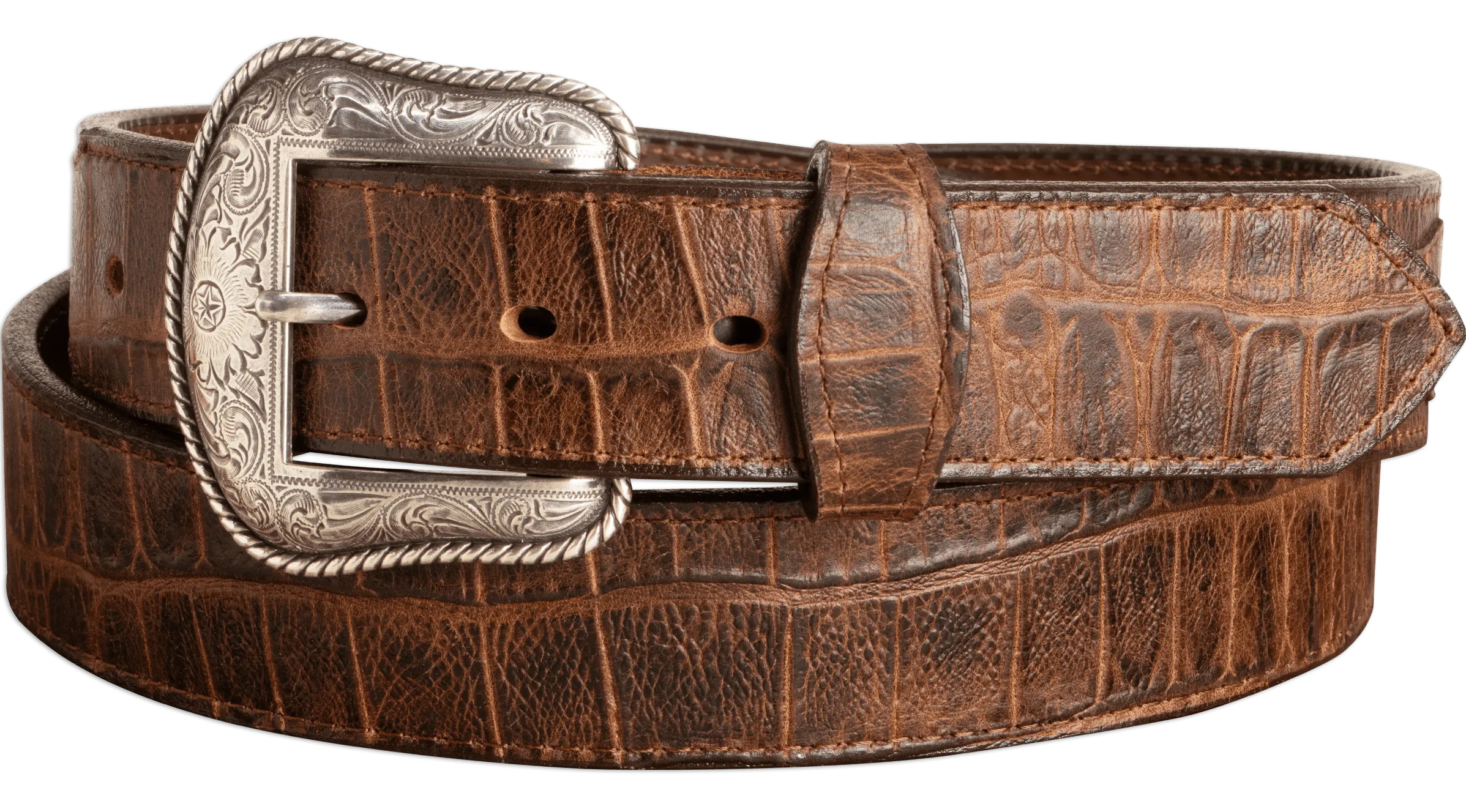 The Chomper: Men's Brown Stitched Alligator Design Western Leather Belt 1.50"