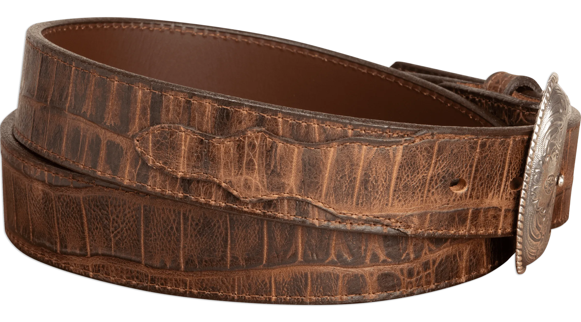 The Chomper: Men's Brown Stitched Alligator Design Western Leather Belt 1.50"