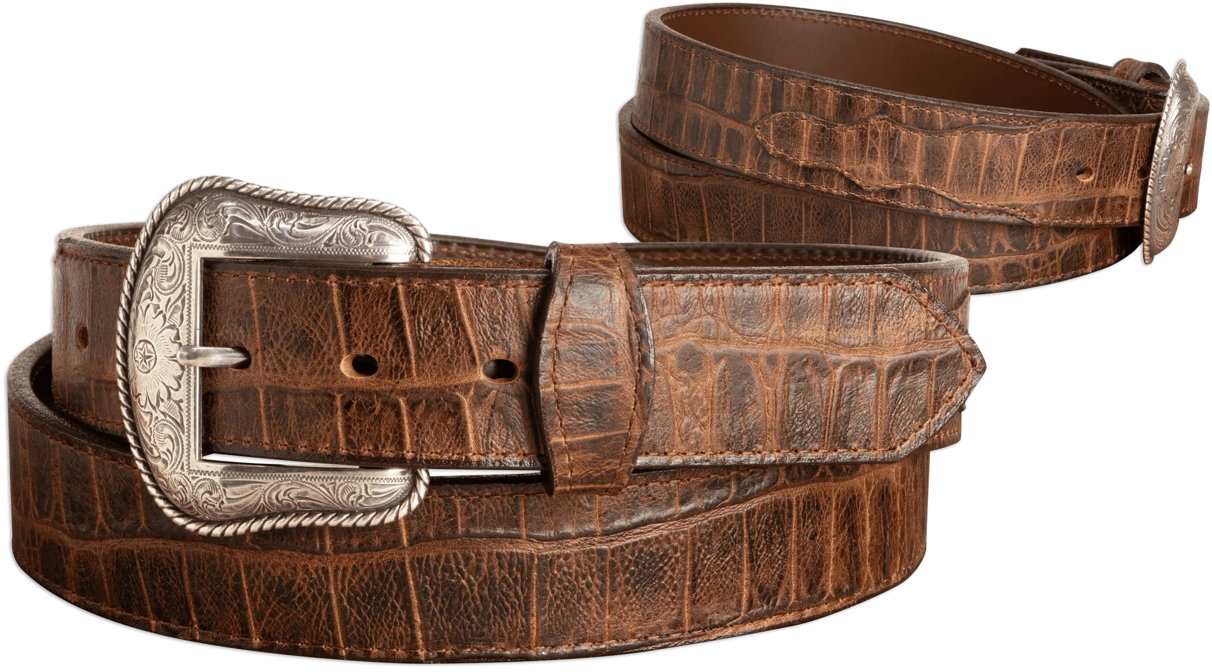The Chomper: Men's Brown Stitched Alligator Design Western Leather Belt 1.50"