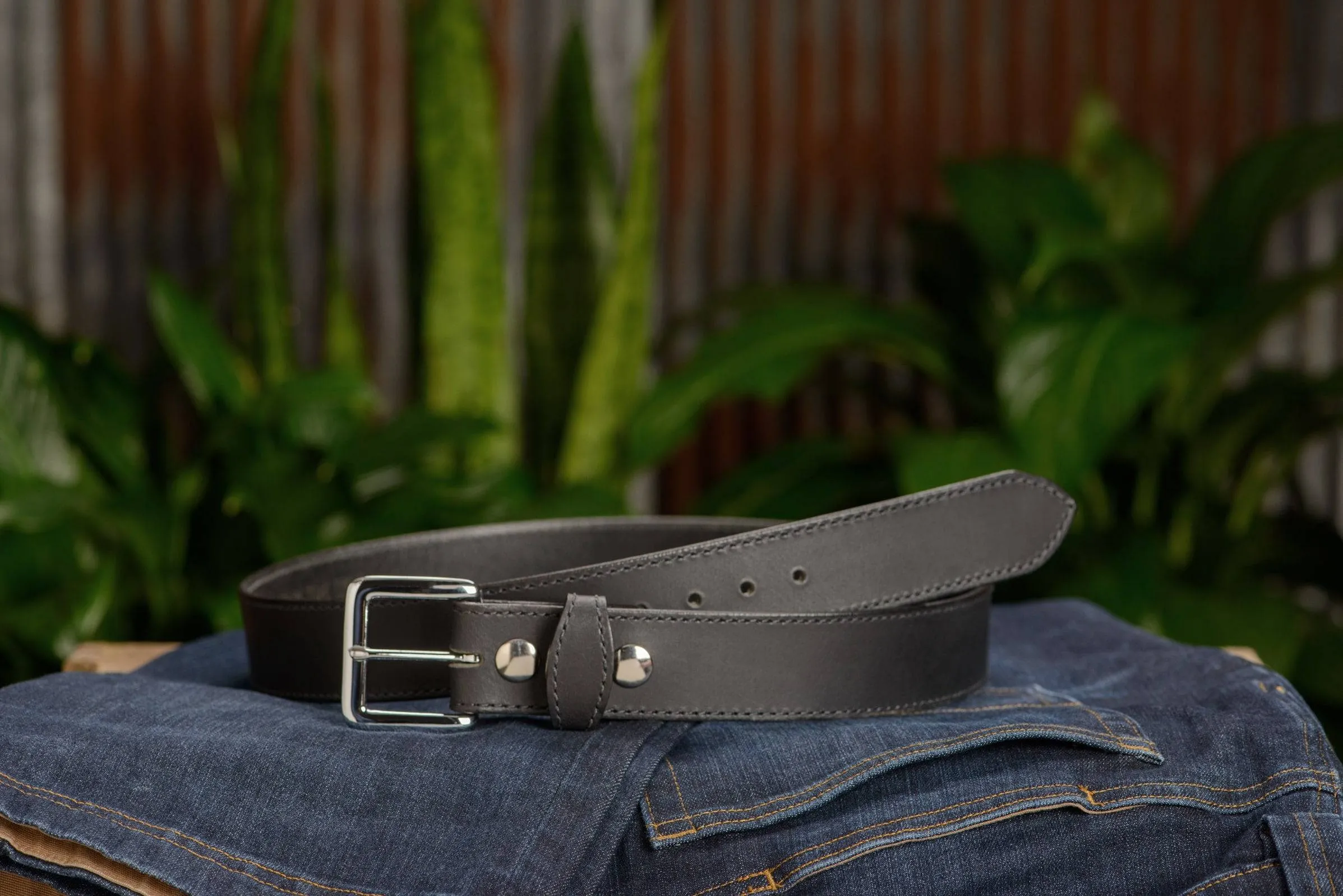 The Lakota: Black Stitched Water Buffalo Leather Belt With Snaps 1.50"