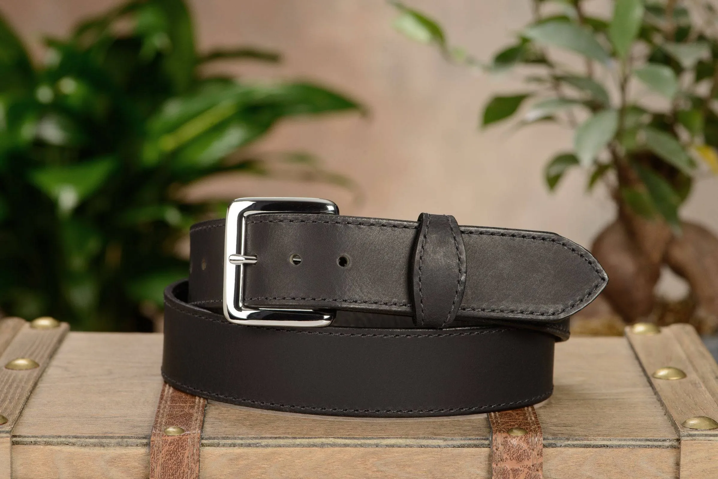 The Lakota: Black Stitched Water Buffalo Leather Belt With Snaps 1.50"