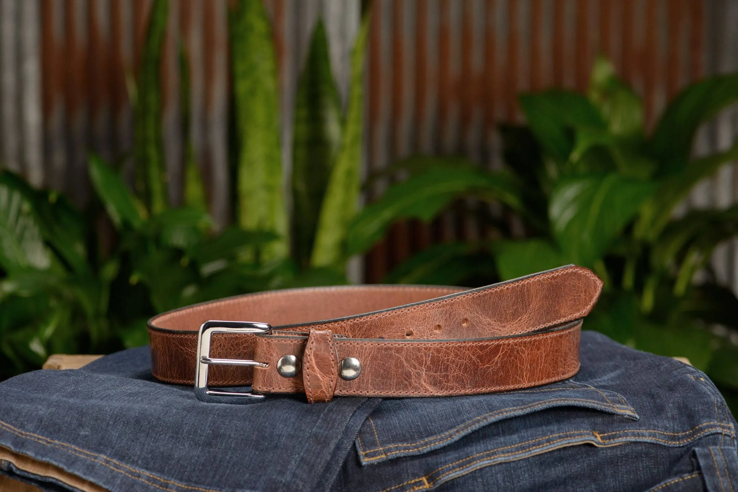 The Lakota: Rustic Brown Stitched Water Buffalo Leather Belt With Snaps 1.50"