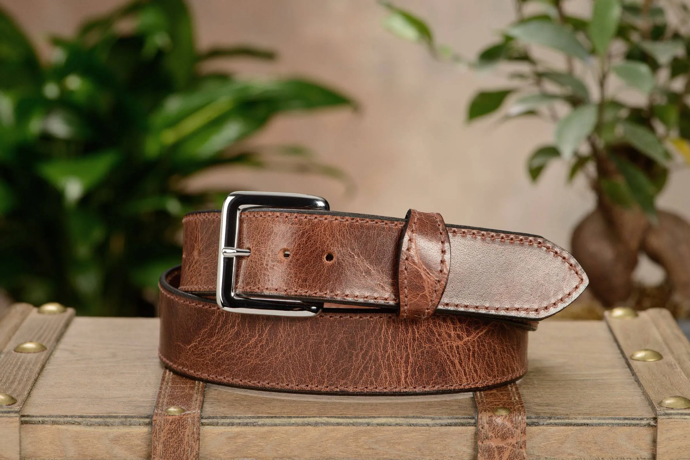 The Lakota: Rustic Brown Stitched Water Buffalo Leather Belt With Snaps 1.50"