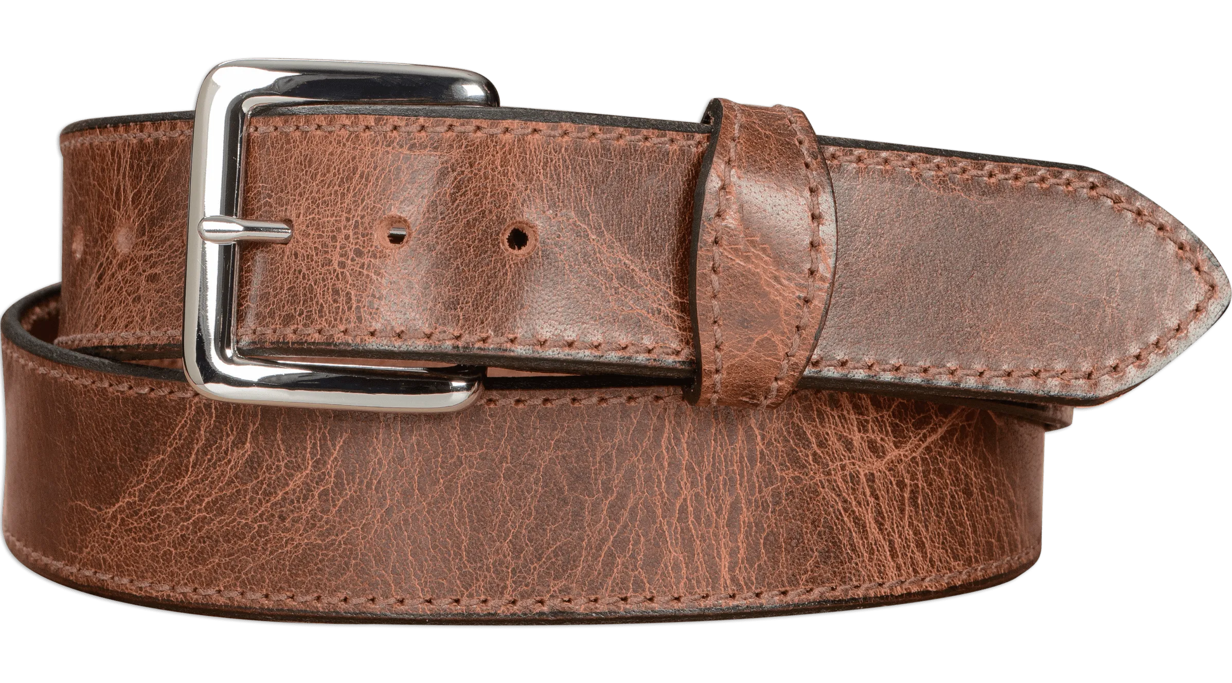 The Lakota: Rustic Brown Stitched Water Buffalo Leather Belt With Snaps 1.50"