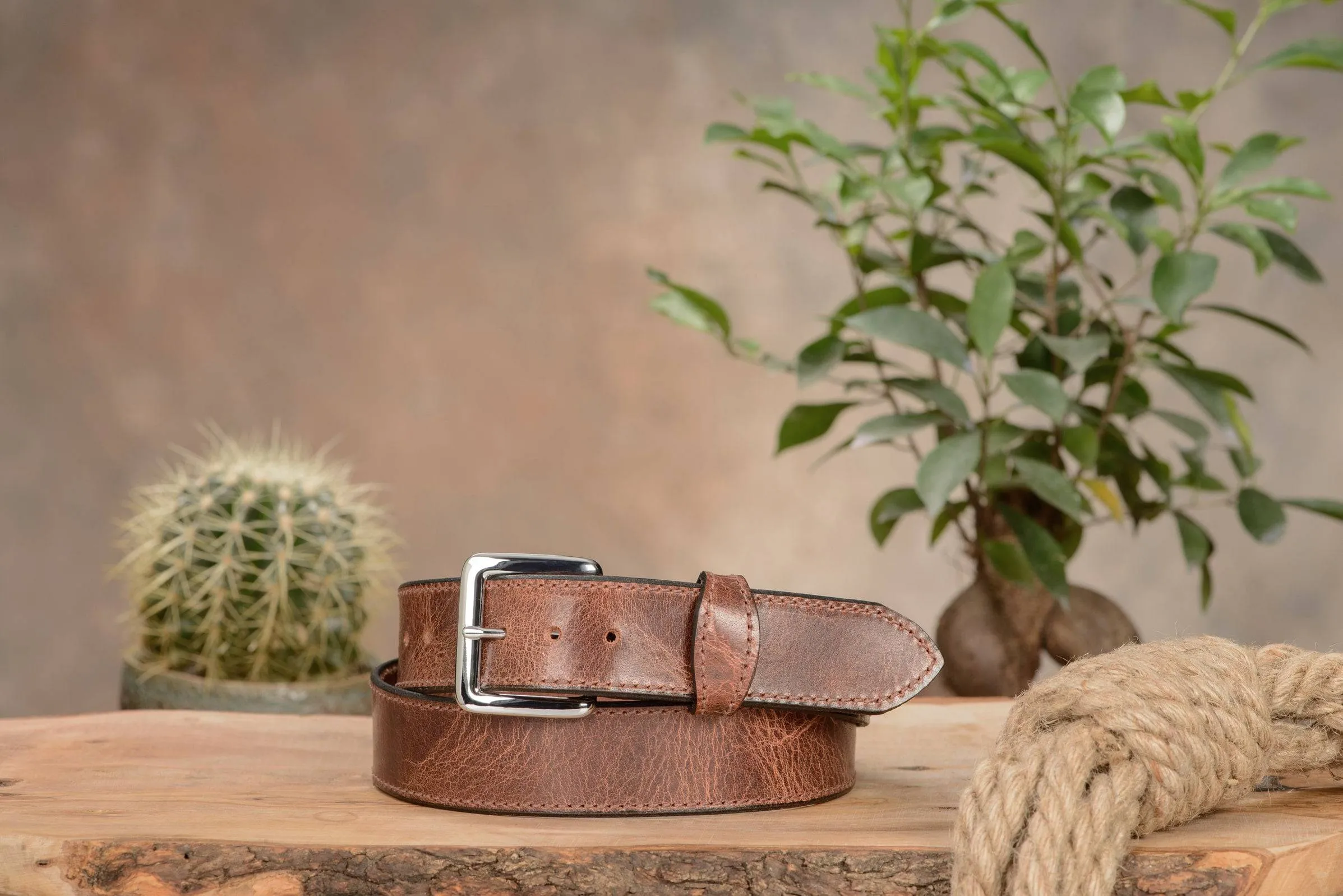 The Lakota: Rustic Brown Stitched Water Buffalo Leather Belt With Snaps 1.50"