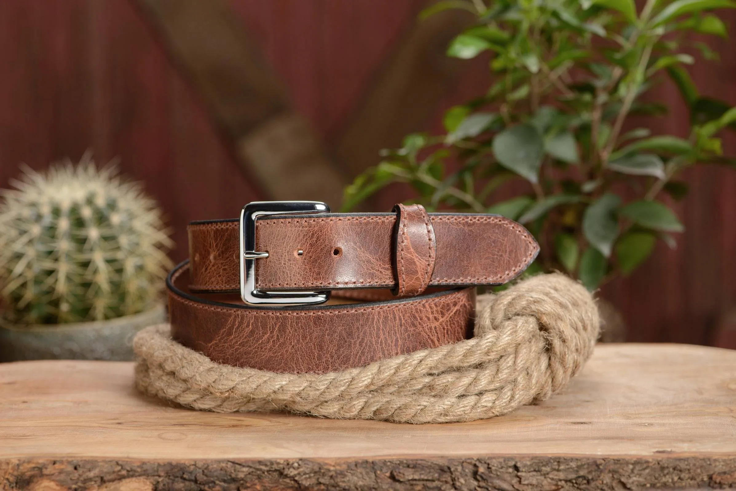 The Lakota: Rustic Brown Stitched Water Buffalo Leather Belt With Snaps 1.50"