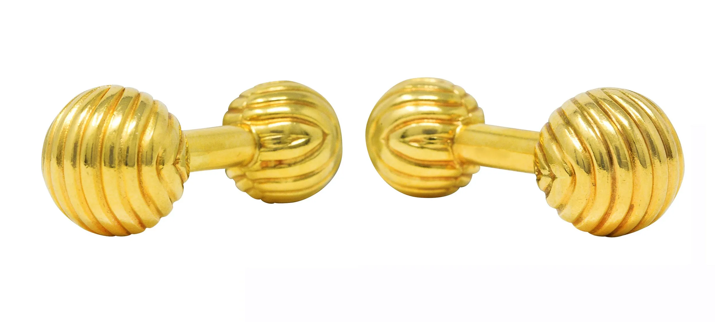 Tiffany & Co. Modern 14 Karat Yellow Gold Grooved Swirl Ball Men's Vintage Cufflinks