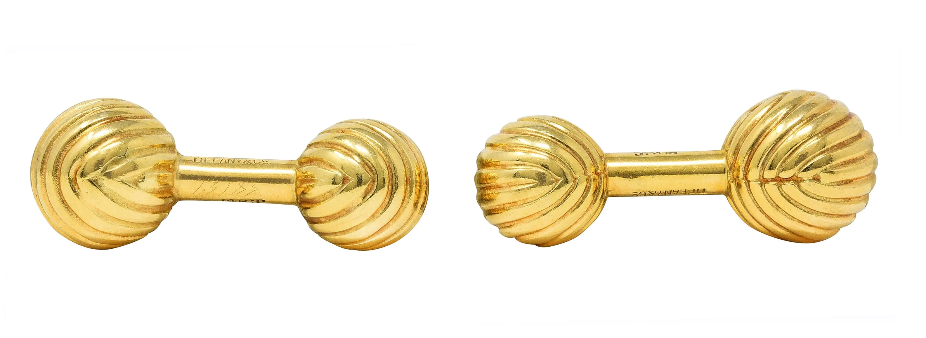 Tiffany & Co. Modern 14 Karat Yellow Gold Grooved Swirl Ball Men's Vintage Cufflinks