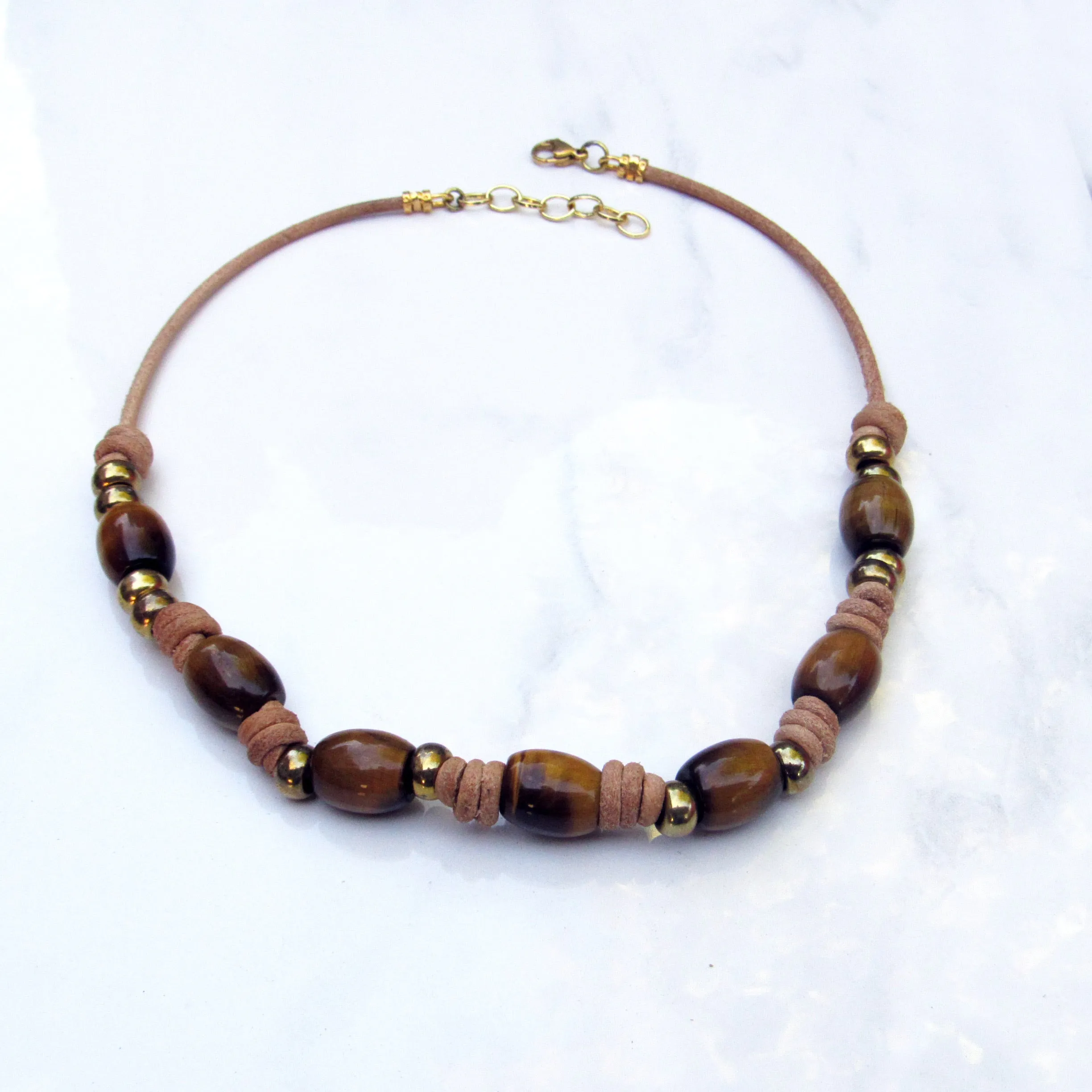 Tiger Eye and Brass Hand Knotted on Natural Leather Necklace